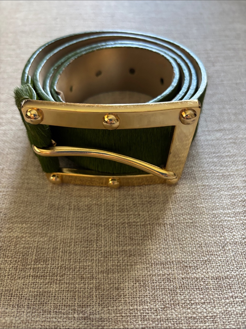 Michael Kors Green Haircalf Belt with Gold-Tone Studded Buckle